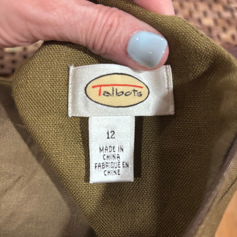 Talbots Vintage Linen Olive Green V-Neck Tie Waist Sheath Dress Size‎ 12 Womens - Picture 2 of 12